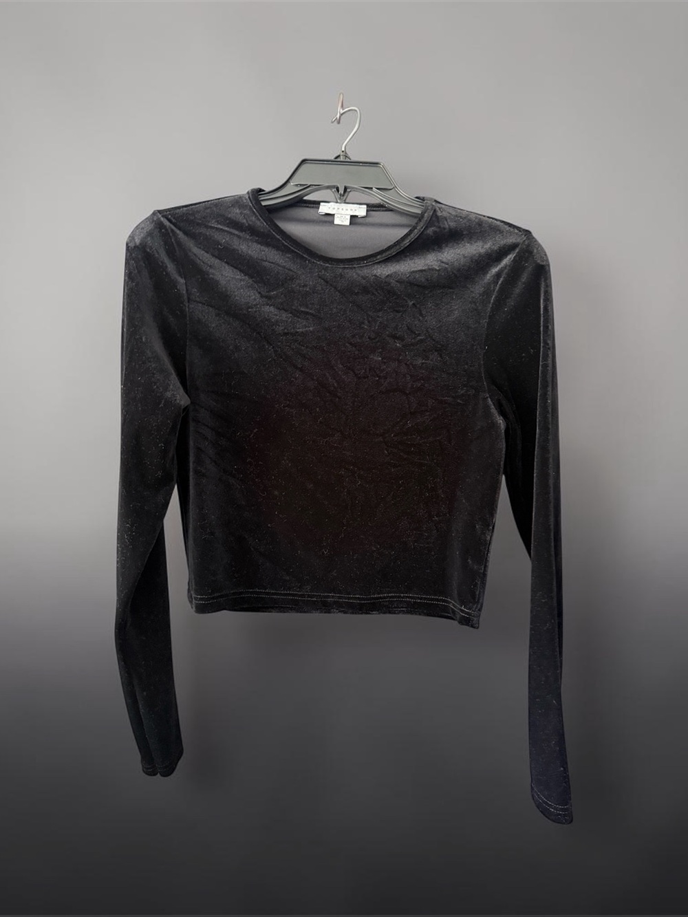 Topshop Black Velvet Long Sleeve Crop Top
